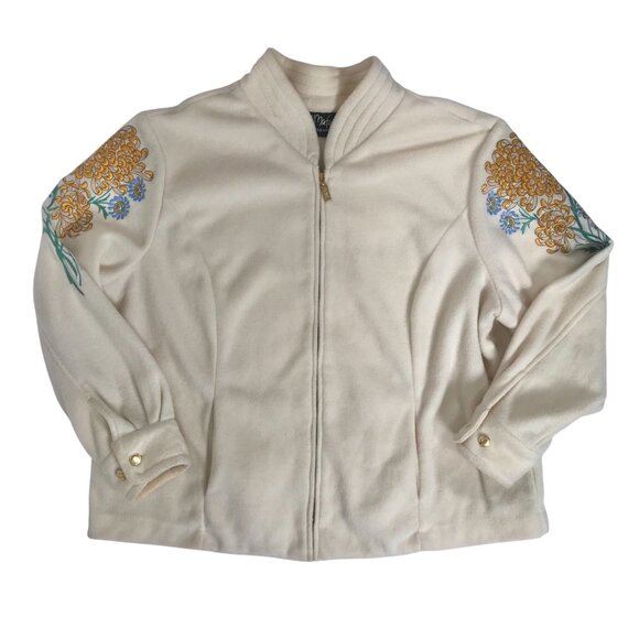 Vintage 80s Bob Mackie Cream Floral Embroidered Cottagecore Fleece Jacket / 2X - Picture 6 of 8